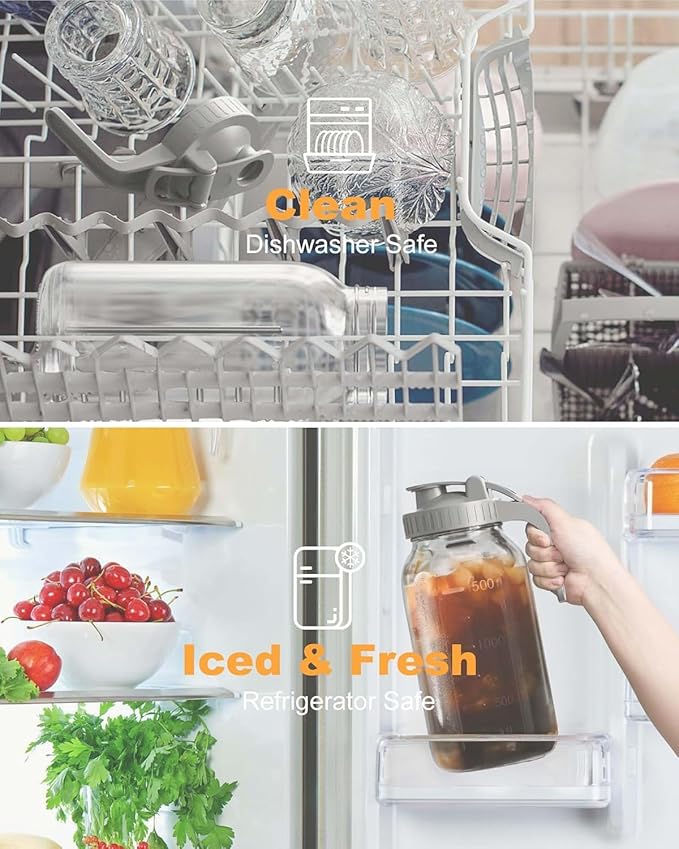 | 2 Pack | 64oz | Glass Pitcher with Lid Wide Mouth, 2 Quart (1.9 Liter) Mason Jar Pitcher with Lid and Spout, Leakproof Water Jug for Water, Juice, Tea, Iced Coffee, Milk Storage, Grey