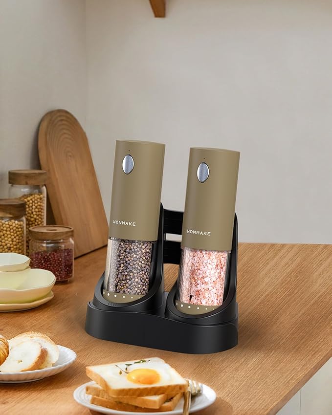 Electric Salt and Pepper Grinder Set - Automatic Refillable Salt and Pepper Grinders with Charging Base & LED Light, 6-Level Adjustable Coarseness with External Dial, Ideal Kitchen Gadget，Brown