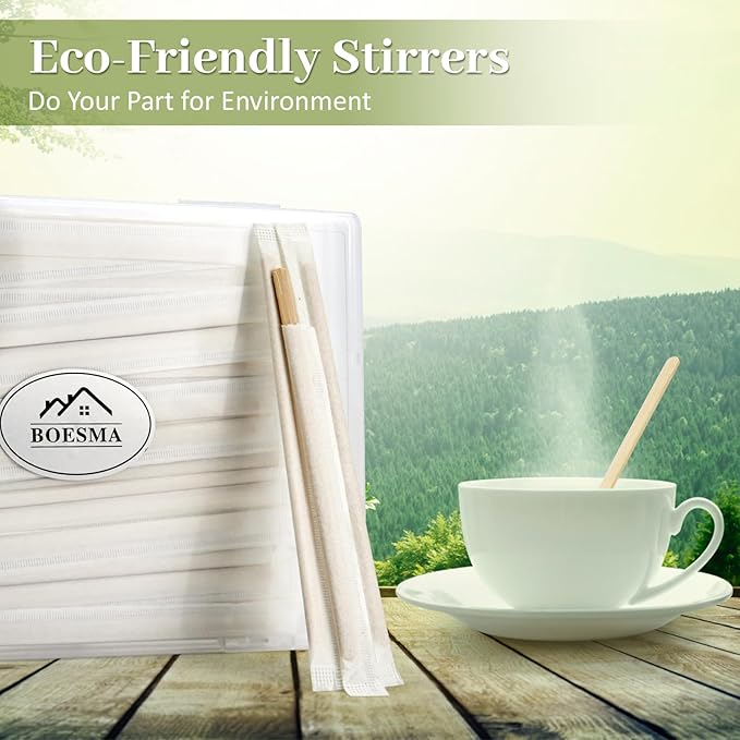 Bamboo Coffee Stirrers Individually Wrapped 200 Count in Storage Box – Coffee Stir Sticks 5.5 inch Coffee Bar Disposable individually wrapped coffee stirrers for Coffee and Cocktail