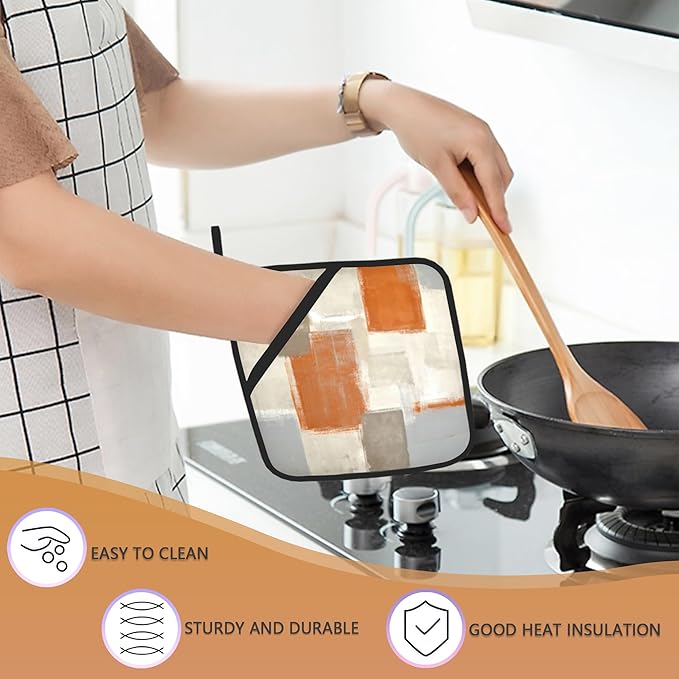 2 Pack Orange and Grey Pot Holders for Kitchen Heat Resistant, Abstract Art Painting Potholders for Kitchens Washable for Cooking & Baking & Microwave