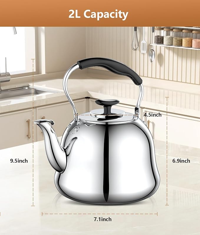2L Whistling Stovetop Tea Kettle - Food Grade Stainless Steel Teapot with Fast Boil, Wide Mouth, Folding Handle, Ideal for Stove Top – Perfect for Tea, Coffee & Hot Water, Mirror Finished