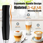 Nahida Black Handheld Milk Frother for Coffee, Rechargeable Electric Whisk with 3 Heads 3 Speeds Frother Foam Maker For Latte, Cappuccino, Hot Chocolate, Egg