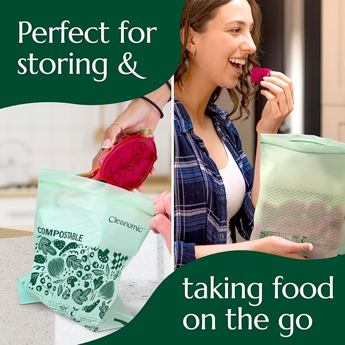 Cleanomic Compostable* Quart Size Food Storage Bags (25 Eco Zip) Freezer and Leak Proof, Also Available Gallon, Snack and Sandwich Size Bags