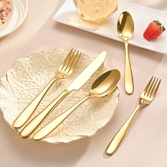 20-Piece Gold Silverware Set, Flatware Set for 4, Food-Grade Stainless Steel Tableware Cutlery Set, Mirror Finished Utensil Sets for Home Restaurant, Forks Spoons and Knives Set, Dishwasher Safe