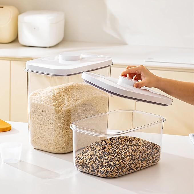 Airtight Flour Container 12 Lbs, Clear PET Plastic Food Storage Container Bin with Pop Up Lids For Rice Flour Sugar, Dry Food Holder for Kitchen Pantry Organization and Storage