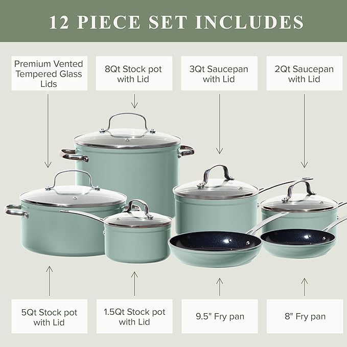 Nuwave Healthy Duralon Blue Ceramic Nonstick Cookware Set, Diamond Infused Scratch-Resistant, PFAS Free, Dishwasher & Oven Safe, Induction Ready & Evenly Heats, Tempered Glass Lids & Stay-Cool Handles