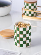 Kitchen countertop ceramic grid pattern airtight jar set - a set of 3 kitchen jars with layered shelves, sealed countertop flour and sugar containers, coffee and tea storage (Green)