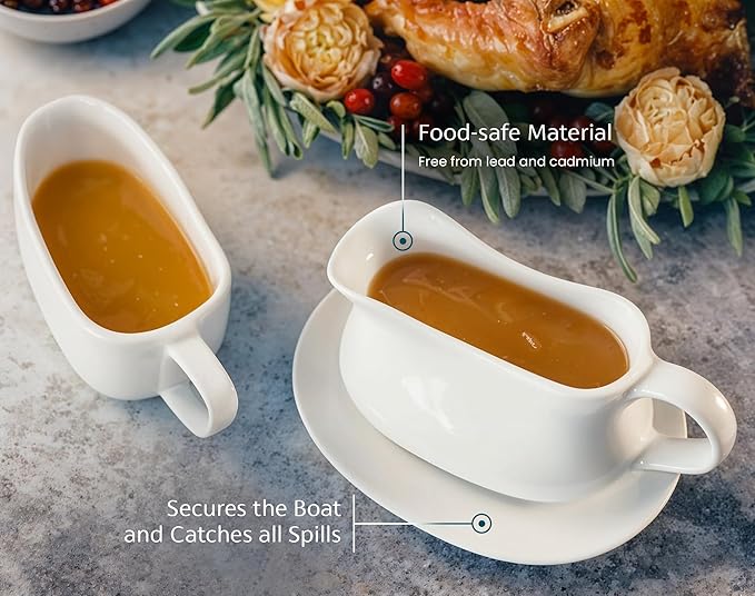 Kook Gravy Boat & Saucer, 17 oz, Ceramic Serving Dish, Dispenser with Tray for Sauces, Dressings and Creamer, Large Handle, Microwave and Dishwasher Safe, White (Classic Gravy Boat)