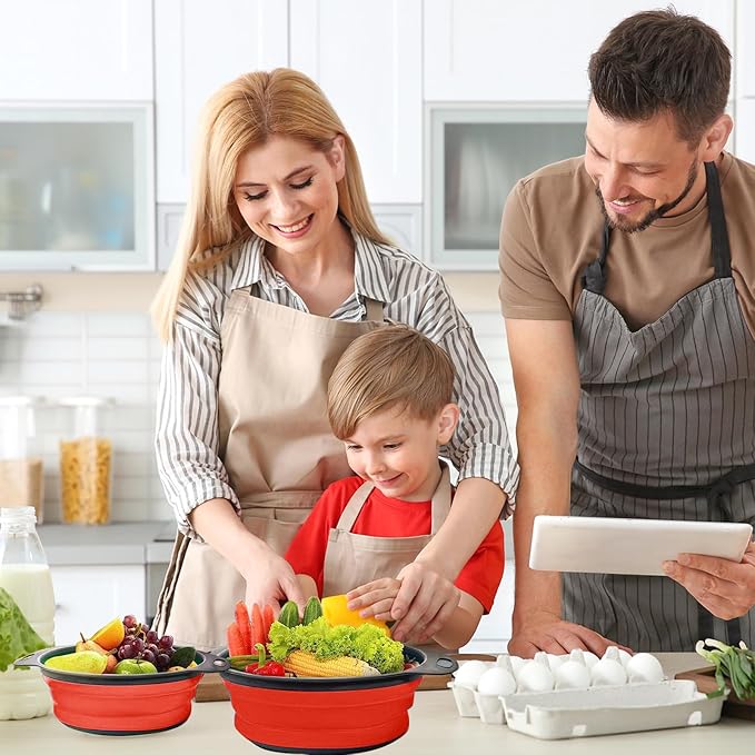 Collapsible Colander, Set of 2 Pcs Collapsible Strainer, Space-Saving Kitchen, Food-Grade Silicone Folding Strainer Colander with Handle, Red