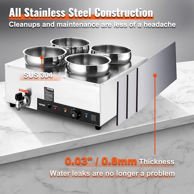 VEVOR Electric Soup Warmer, Four 7.4QT Stainless Steel Round Pot 86~185°F Adjustable Temp, 1500W Commercial Bain Marie with Anti-Dry Burn and Reset Button, Soup Station for Restaurant, Buffet, Silver