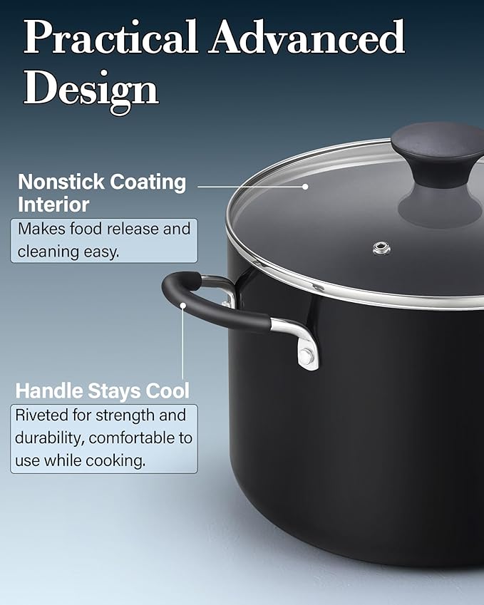 Cook N Home Nonstick Stockpot with Lid 8-QT, Professional Deep Cooking Pot Canning Cookware Stock Pot with Glass Lid, Black