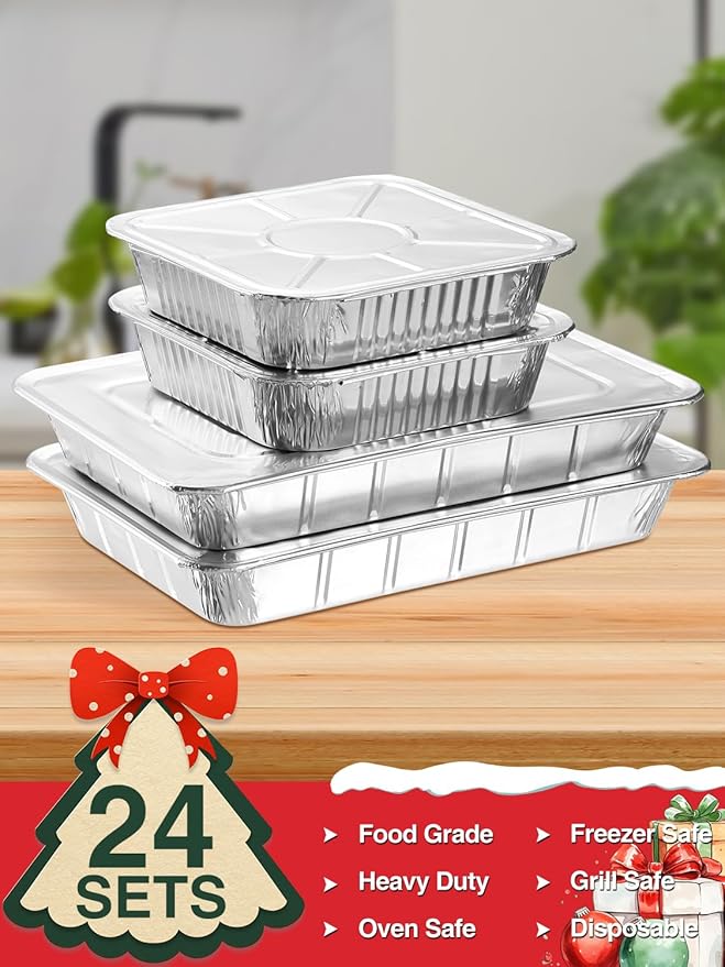 24 Pack Disposable Aluminum Pans with Lids Combo Set- 12 Large 9x13 Foil Pans Half Size & 12 Small 8x8 Tin Foil Baking Pans, Tin Trays Containers for Meal Prep, Food Cooking, Roasting, Heating