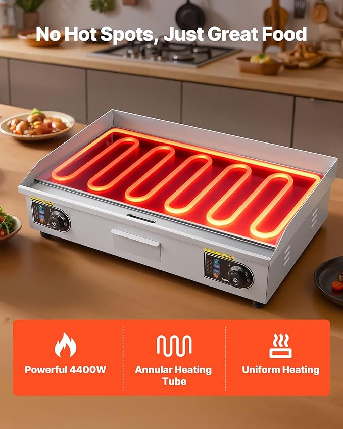 VEVOR Commercial Electric Griddle, 28.54 x 15.75 inches, 4400W, 122-570°F Adjustable Temp Control, Stainless Steel Body, Half Grooved Half Flat, with 2 Spatulas, 2 Brushes, and 4 Foot Pads, for Steak