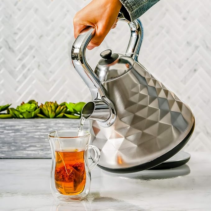 OVENTE Retro Electric Kettle, 1.7L Stainless Steel Tea Kettle, 1500W Fast Heating Hot Water Boiler with LED Indicator Light, Auto Shut-Off & Boil-Dry Protection, BPA-Free Teapot, Silver KS755BR