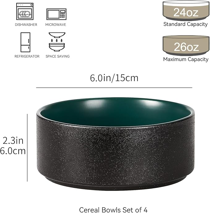 GZG Ceramic Cereal Bowls Set of 4,6 Inch Stoneware Salad Bowls,Dishwasher and Microwave Safe,Stackable,Scratch Resistant for Oatmeal,Fruit,Salads and Ricel(Dark Green)