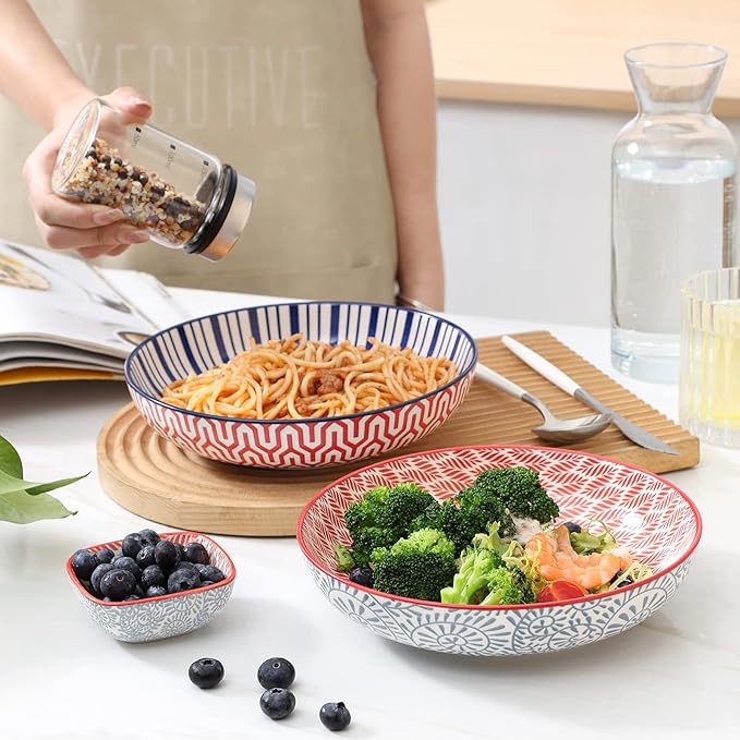 KitchenTour Large Pasta Bowls 34 oz, Ceramic Salad Serving Bowls Set of 6, 8.6 Inch Wide and Shallow Bowl Soup Bowl- Dishwasher and Microwave Safe, Assorted Colors