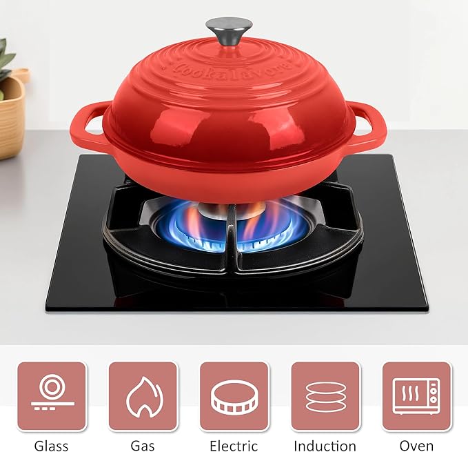 Enameled Cast Iron Dutch Oven with Lid – Non-Stick Bread Pot for Baking, Braising, and Stews – Heavy-Duty Ovenproof Casserole Cookware (Red, 5 QT)