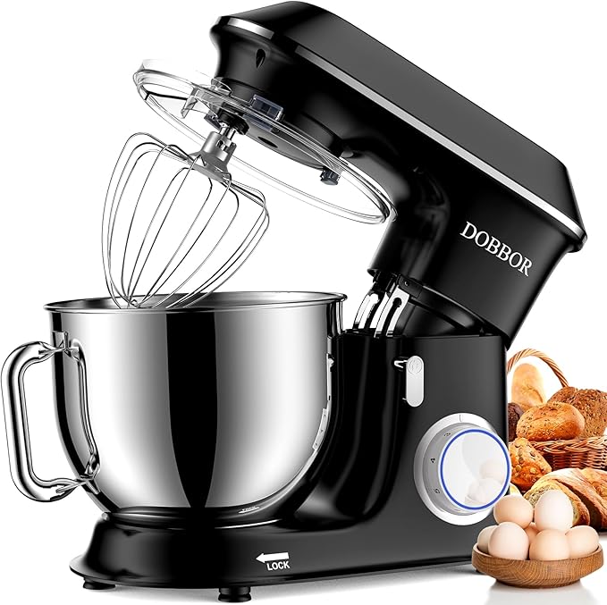 DOBBOR Electric Stand mixer, 9.5QT 660W 6 Speeds Tilt-Head Dough Mixers, Bread Mixer with Dough Hook, Whisk, Beater, Splash Guard for Baking Bread, Cake, Cookie, Pizza, Muffin, Salad and More - Black