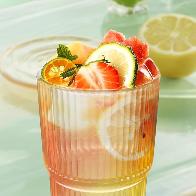 Drinking Glasses，19oz Ribbed Glassware,9 Pack Old Fashioned Glasses,Thickened glass for iced coffees, smoothies, cocktails and juices, perfect for families and parties (9)