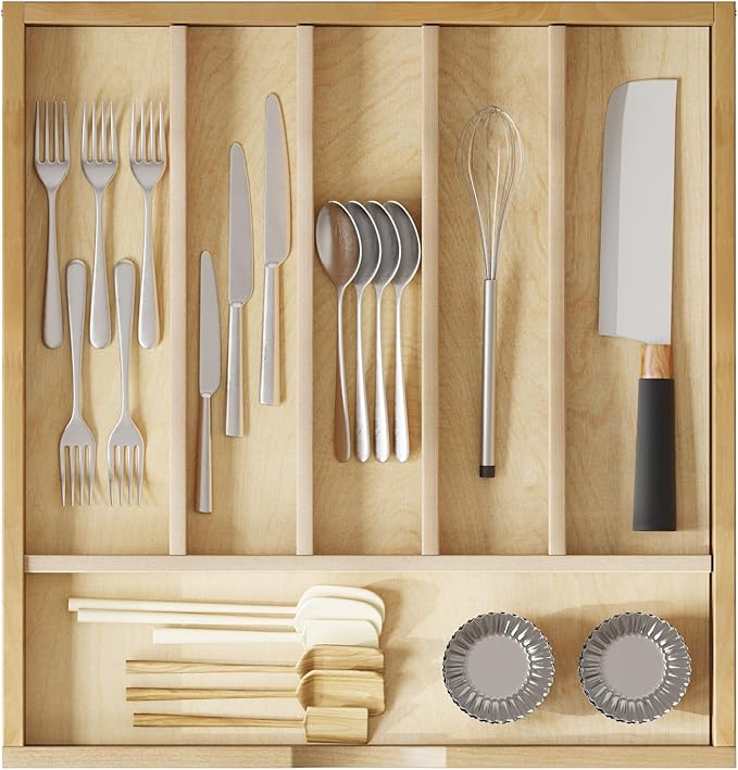 WelFurGeer Solid Birch Wood Silverware Drawer Organizer, Wooden Cutlery Drawer Organizer, Utensil Tray for Kitchen Drawers, Kitchen Utensil Organizer for Silverware, Flatware, Spoons, Forks, Knives