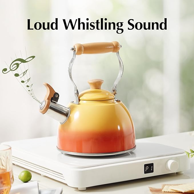 ROCKURWOK Tea Kettle, Tea Pot with Cool Touch Ergonomic Handle, Teapot Food Grade Stainless Steel, Tea Kettle Stovetop, Kettle Teapot, Whistling Tea Kettle, Small Tea Pot, 1.6 Quart (Orange)