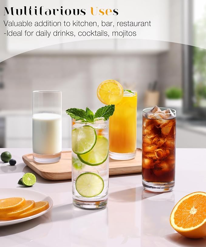 LUNA & MANTHA Highball Glasses Set of 4, 13 OZ Drinking Glass, Lead-Free Crystal Water Glassware, Tall Glass Cups for Mojito, Tom Collins, Cocktail, Home Bar