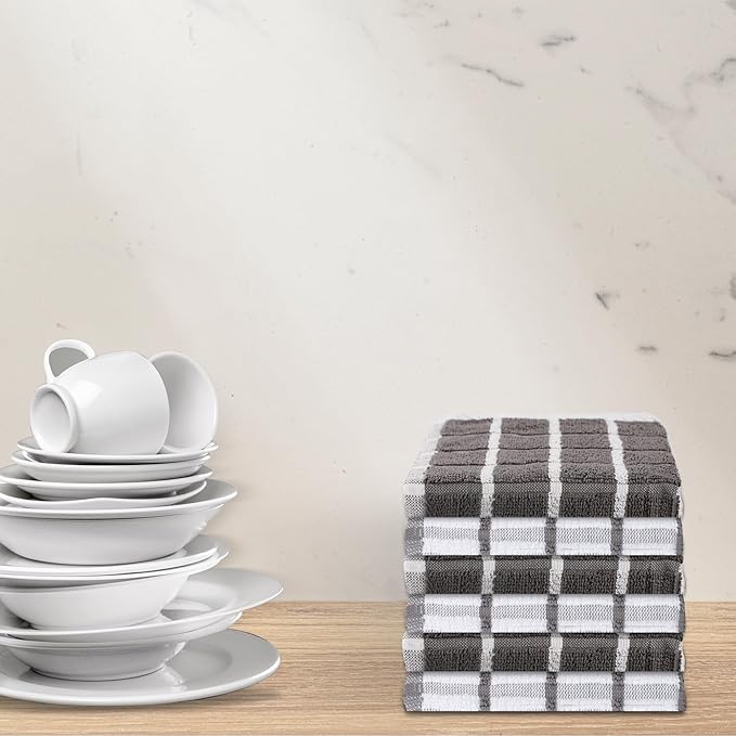 Urban Villa Dish Cloths Terry Cotton Pack of 6, Highly Absorbent Quick Drying Super Soft Premium Dish Towels for Kitchen with Hanging Loop Hand & Tea Towels - 12x12 Inch, (Grey & White, Checks)