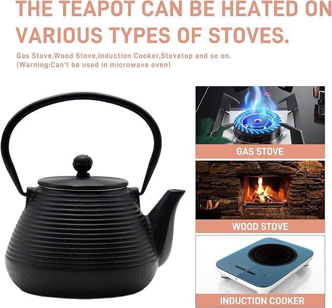 20.3oz Small Cast Iron Teapot, SECHUDO Cast Iron Tea Kettle for Stovetop Safe Coated with Enameled Interior, Cast Iron Tea Pot with Stainless Steel Infuser for Loose Tea (Black Pinstripe Pattern)