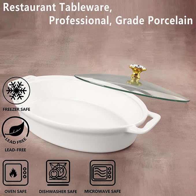 11" x 7" Ceramic Oval Casserole Dish with Glass Lid, 1.3 Quart White Serving Soup Tureen,Chafing Dish for Buffet, Family Food preserve Tray, Catering Casserole for Party Style