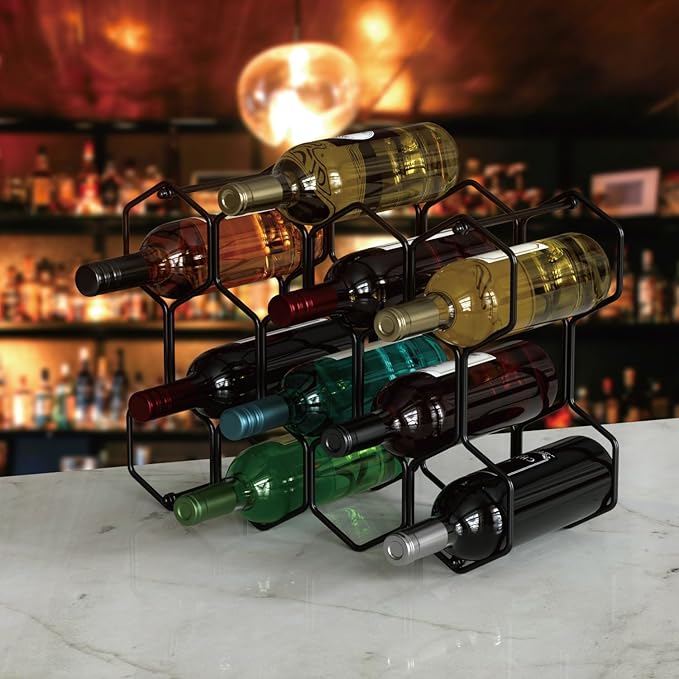 Buruis Countertop Wine Rack, 14-Bottle Modern Freestanding Metal Holder for Red and White Wine, Tabletop, Kitchen, Bar, and Cabinet Storage (Black)