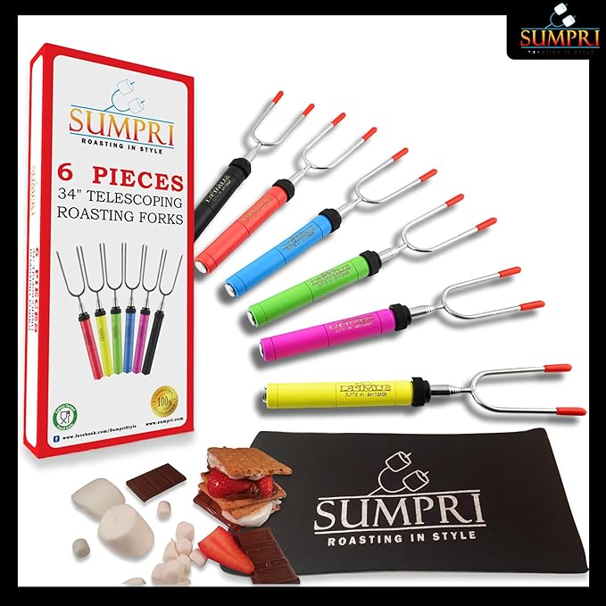 Smores Sticks For Fire Pit - Marshmallow Roasting Sticks For Campfire, Rotating Smore Sticks Set of 6 - Safe, Fun Telescoping Multicolored 34 Inch Hot Dog Sticks - SUMPRI Long Camping Skewers