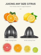 Electric Citrus Juicer Squeezer, Orange Juicer with Two Interchangeable Cones, Suitable for orange, lemon and Grapefruit, Brushed Stainless Steel, Easy to Clean and Use (Black+Silver)