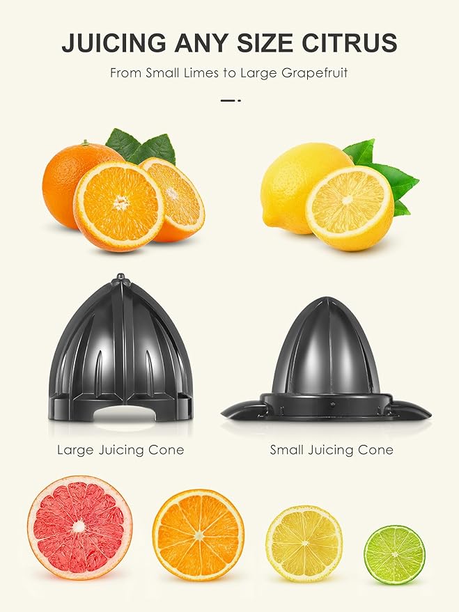 Electric Citrus Juicer Squeezer, Orange Juicer with Two Interchangeable Cones, Suitable for orange, lemon and Grapefruit, Brushed Stainless Steel, Easy to Clean and Use (Black+Silver)