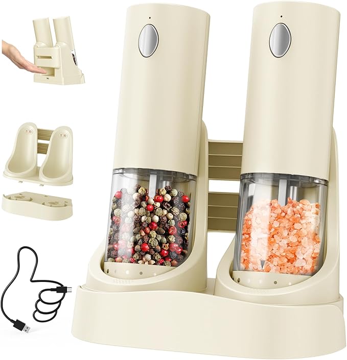CIRCLE JOY Electric Salt and Pepper Grinder Set Automatic Salt and Pepper Grinder Set with Easy-to-Carry Charging Base and LED Light, USB Rechargeable, External Adjustable Coarseness, Light Yellow