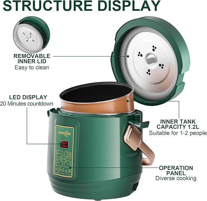 Audecook Mini Rice Cooker, 1.2L Small Rice Cooker Non-Stick 2 Cups Uncooked with Stainless Steel Steamer, Travel Multicooker with Low Carb Function, 24 Timer Delay and Auto Keep Warm（Green）