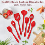 TeamFar Kitchen Utensils, 7 PCS Silicone Cooking Baking Utensil, Non-Stick Kitchen Gadgets with Ladle Spatula Spoon Turner Pasta Server, Non-Toxic & One Piece, Heat Resistant & Dishwasher Safe-Red