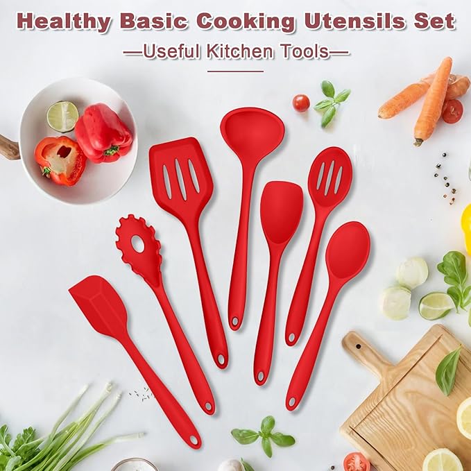 TeamFar Kitchen Utensils, 7 PCS Silicone Cooking Baking Utensil, Non-Stick Kitchen Gadgets with Ladle Spatula Spoon Turner Pasta Server, Non-Toxic & One Piece, Heat Resistant & Dishwasher Safe-Red