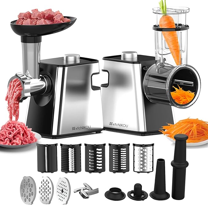 Electric Meat Grinder, Cheese Grater, 2800W Max Stainless Steel Veggie Shredder, Vegetable Cutter with 5 Slice Blades, 3 Grinding Plates, Sausage Stuffer & Kubbe Kit, for Home Kitchen Use