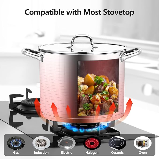 Homikit Large Stock Pot 14 Quart, Stainless Steel Chicken Soup Pot with Lid for Canning Steaming Stewing, Tri-ply Heavy Bottom Cooking Boiling Pasta Induction Stockpot, Dishwasher Safe