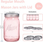 WELLIFE Pink Mason Jars 32 oz, 2 Pack Wide Mouth Mason Jars for Safe Storage, Fermenting, Pickling, DIY, Crafts Decoration