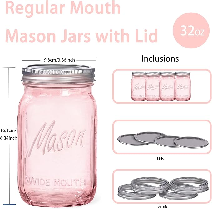 WELLIFE Pink Mason Jars 32 oz,4 Pack Wide Mouth Mason Jars for Safe Storage,Fermenting,Pickling,DIY,Crafts Decoration