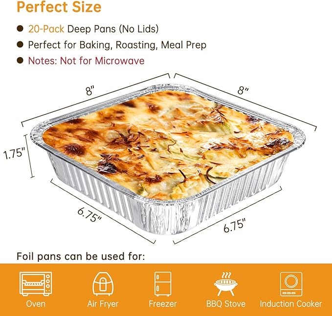 Aluminum Pans 8x8-20 Pack Disposable Foil Pans, Heavy Duty Aluminum Roasting Trays for Baking, Cooking, Heating, Storing, Prepping Food