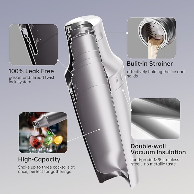 Hybrid Cocktail Shaker Set | Vacuum Insulated Stainless Steel Martini Shaker with Strainer & Jigger Lid | Travel Cocktail kit with Bartender Accessory Tools | 30oz | Gunmetal Gray