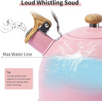 LONFFERY Tea Kettle, 2.5 Quart Whistling Tea Kettle, Tea Pots for Stove Top Food Grade Stainless Steel with Wood Pattern Folding Handle - Pink