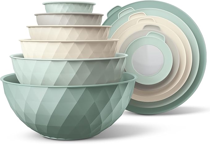 COOK WITH COLOR Mixing Bowls with Lids - 12 Piece Plastic Nesting Bowls Set includes 6 Prep Bowls and 6 Lids, Diamond Design - Microwave Safe (Mint)
