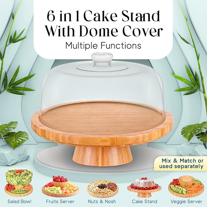 Homeries Bamboo Cake Stand with Lid, Cake Plate, (6 in 1) Multi-Functional Serving Platter, Large Cake Stand with Dome, Cake Display Stand with lid & Cake Dome - Use as Cake Holder, Cake Cover