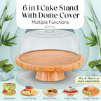 Homeries Bamboo Cake Stand with Lid, Cake Plate, (6 in 1) Multi-Functional Serving Platter, Large Cake Stand with Dome, Cake Display Stand with lid & Cake Dome - Use as Cake Holder, Cake Cover