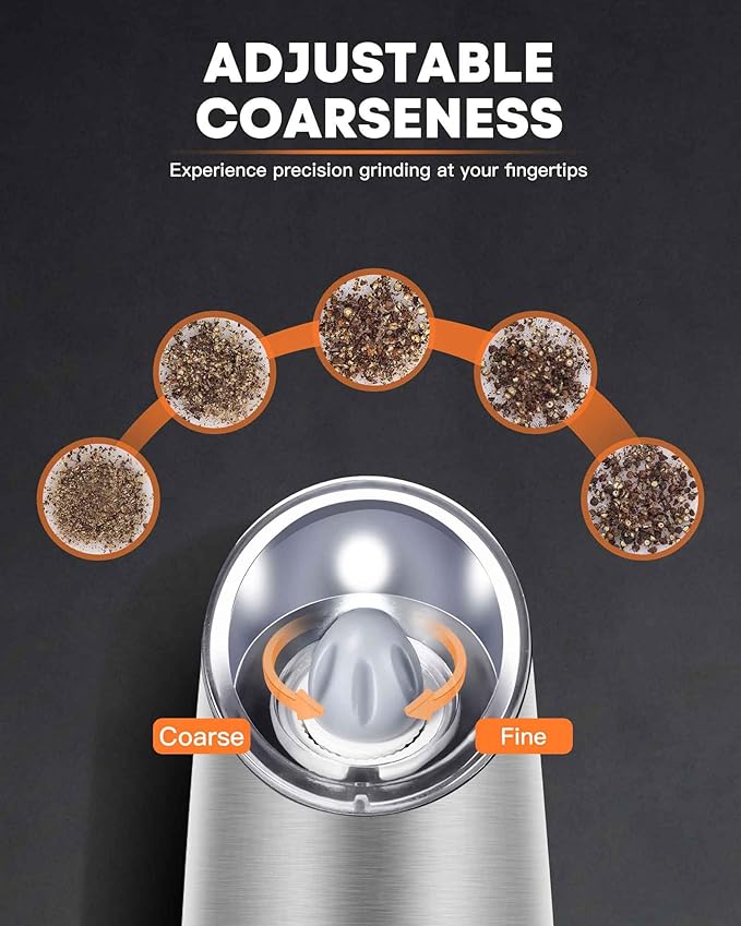 AmuseWit Gravity Electric Salt and Pepper Grinder Set [White Light] - Battery Operated Automatic Pepper and Salt Mills,Adjustable Coarseness,One-Handed Operation,Stainless Steel