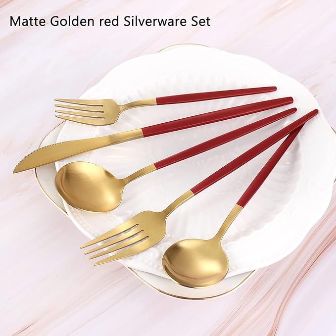 Matte Red Gold Silverware Set, 20-Piece Stainless Steel Flatware Set, Satin Finish tableware Cutlery Set, Service for 4, Home and Restaurant, Dishwasher Safe