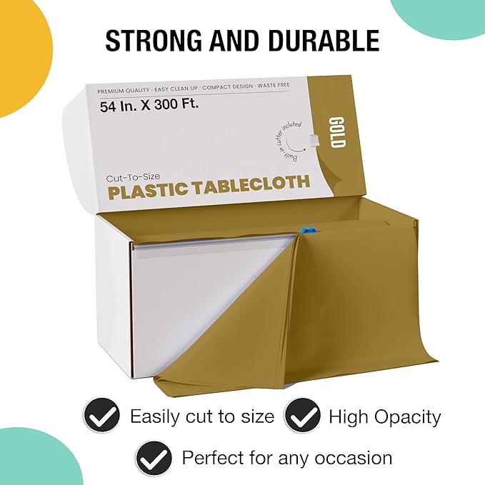 Exquisite Party Solids 54 Inch X 300 Feet Gold Plastic Table Cover Roll in A Cut - to - Size Box with Convenient Slide Cutter. Cuts Up to 36 Rectangle 8 Feet Plastic Disposable Tablecloths